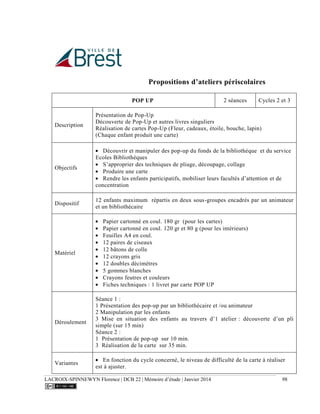 LACROIX-SPINNEWYN Florence | DCB 22 | Mémoire d’étude | Janvier 2014 98
Propositions d’ateliers périscolaires
POP UP 2 séances Cycles 2 et 3
Description
Présentation de Pop-Up
Découverte de Pop-Up et autres livres singuliers
Réalisation de cartes Pop-Up (Fleur, cadeaux, étoile, bouche, lapin)
(Chaque enfant produit une carte)
Objectifs
Découvrir et manipuler des pop-up du fonds de la bibliothèque et du service
Ecoles Bibliothèques
S’approprier des techniques de pliage, découpage, collage
Produire une carte
Rendre les enfants participatifs, mobiliser leurs facultés d’attention et de
concentration
Dispositif
12 enfants maximum répartis en deux sous-groupes encadrés par un animateur
et un bibliothécaire
Matériel
Papier cartonné en coul. 180 gr (pour les cartes)
Papier cartonné en coul. 120 gr et 80 g (pour les intérieurs)
Feuilles A4 en coul.
12 paires de ciseaux
12 bâtons de colle
12 crayons gris
12 doubles décimètres
5 gommes blanches
Crayons feutres et couleurs
Fiches techniques : 1 livret par carte POP UP
Déroulement
Séance 1 :
1 Présentation des pop-up par un bibliothécaire et /ou animateur
2 Manipulation par les enfants
3 Mise en situation des enfants au travers d’1 atelier : découverte d’un pli
simple (sur 15 min)
Séance 2 :
1 Présentation de pop-up sur 10 min.
3 Réalisation de la carte sur 35 min.
Variantes
En fonction du cycle concerné, le niveau de difficulté de la carte à réaliser
est à ajuster.
 