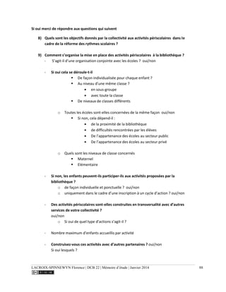 LACROIX-SPINNEWYN Florence | DCB 22 | Mémoire d’étude | Janvier 2014 88
Si oui merci de répondre aux questions qui suivent
8) Quels sont les objectifs donnés par la collectivité aux activités périscolaires dans le
cadre de la réforme des rythmes scolaires ?
9) Comment s’organise la mise en place des activités périscolaires à la bibliothèque ?
- S’agit-il d’une organisation conjointe avec les écoles ? oui/non
- Si oui cela se déroule-t-il
 De façon individualisée pour chaque enfant ?
 Au niveau d’une même classe ?
en sous-groupe
avec toute la classe
 De niveaux de classes différents
o Toutes les écoles sont-elles concernées de la même façon oui/non
 Si non, cela dépend-il :
de la proximité de la bibliothèque
de difficultés rencontrées par les élèves
De l’appartenance des écoles au secteur public
De l’appartenance des écoles au secteur privé
o Quels sont les niveaux de classe concernés
 Maternel
 Elémentaire
- Si non, les enfants peuvent-ils participer-ils aux activités proposées par la
bibliothèque ?
o de façon individuelle et ponctuelle ? oui/non
o uniquement dans le cadre d’une inscription à un cycle d’action ? oui/non
- Des activités périscolaires sont-elles construites en transversalité avec d’autres
services de votre collectivité ?
oui/non
o Si oui de quel type d’actions s’agit-il ?
- Nombre maximum d’enfants accueillis par activité
- Construisez-vous ces activités avec d’autres partenaires ? oui/non
Si oui lesquels ?
 