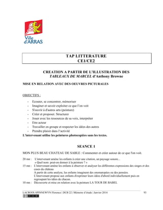 LACROIX-SPINNEWYN Florence | DCB 22 | Mémoire d’étude | Janvier 2014 93
TAP LITTERATURE
CE1/CE2
CREATION A PARTIR DE L'ILLUSTRATION DES
TABLEAUX DE MARCEL d'Anthony Browne
MISE EN RELATION AVEC DES OEUVRES PICTURALES
OBJECTIFS :
- Ecouter, se concentrer, mémoriser
- Imaginer et savoir exploiter ce que l’on voit
- S'ouvrir à d'autres arts (peinture)
- Créer et proposer. Structurer
- Jouer avec les ressources de sa voix, interpréter
- Etre acteur
- Travailler en groupe et respecter les idées des autres
- Prendre plaisir dans l‘activité
L'intervenant utilise les peintures photocopiées sans les textes.
SEANCE 1
MON PLUS BEAU CHATEAU DE SABLE : Commenter et créer autour de ce que l'on voit.
20 mn : L'intervenant amène les enfants à créer une citation, un paysage sonore...
« Quel nom peut-on donner à la peinture ? »
15 mn : L'intervenant amène les enfants à observer et analyser les différentes expressions des singes et des
cases du château
A partir de cette analyse, les enfants imaginent des onomatopées ou des pensées.
L'intervenant propose aux enfants d'exprimer leurs idées d'abord individuellement puis en
regroupant les idées de chacun.
10 mn : Découverte et mise en relation avec la peinture LA TOUR DE BABEL
 