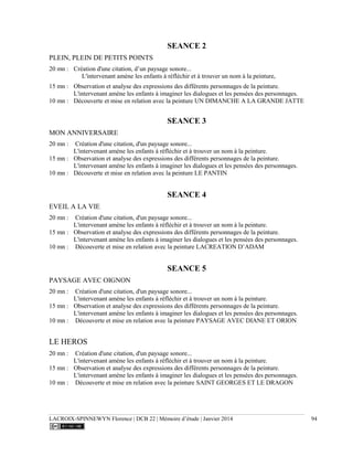 LACROIX-SPINNEWYN Florence | DCB 22 | Mémoire d’étude | Janvier 2014 94
SEANCE 2
PLEIN, PLEIN DE PETITS POINTS
20 mn : Création d'une citation, d’un paysage sonore...
L'intervenant amène les enfants à réfléchir et à trouver un nom à la peinture,
15 mn : Observation et analyse des expressions des différents personnages de la peinture.
L'intervenant amène les enfants à imaginer les dialogues et les pensées des personnages.
10 mn : Découverte et mise en relation avec la peinture UN DIMANCHE A LA GRANDE JATTE
SEANCE 3
MON ANNIVERSAIRE
20 mn : Création d'une citation, d'un paysage sonore...
L'intervenant amène les enfants à réfléchir et à trouver un nom à la peinture.
15 mn : Observation et analyse des expressions des différents personnages de la peinture.
L'intervenant amène les enfants à imaginer les dialogues et les pensées des personnages.
10 mn : Découverte et mise en relation avec la peinture LE PANTIN
SEANCE 4
EVEIL A LA VIE
20 mn : Création d'une citation, d'un paysage sonore...
L'intervenant amène les enfants à réfléchir et à trouver un nom à la peinture.
15 mn : Observation et analyse des expressions des différents personnages de la peinture.
L'intervenant amène les enfants à imaginer les dialogues et les pensées des personnages.
10 mn : Découverte et mise en relation avec la peinture LACREATION D’ADAM
SEANCE 5
PAYSAGE AVEC OIGNON
20 mn : Création d'une citation, d'un paysage sonore...
L'intervenant amène les enfants à réfléchir et à trouver un nom à la peinture.
15 mn : Observation et analyse des expressions des différents personnages de la peinture.
L'intervenant amène les enfants à imaginer les dialogues et les pensées des personnages.
10 mn : Découverte et mise en relation avec la peinture PAYSAGE AVEC DIANE ET ORION
LE HEROS
20 mn : Création d'une citation, d'un paysage sonore...
L'intervenant amène les enfants à réfléchir et à trouver un nom à la peinture.
15 mn : Observation et analyse des expressions des différents personnages de la peinture.
L'intervenant amène les enfants à imaginer les dialogues et les pensées des personnages.
10 mn : Découverte et mise en relation avec la peinture SAINT GEORGES ET LE DRAGON
 
