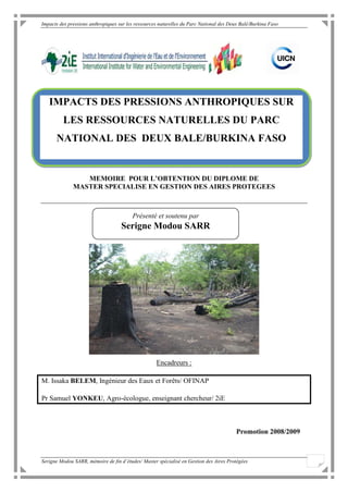 Impacts des pressions anthropiques sur les ressources naturelles du Parc National des Deux Balé/Burkina Faso




   IMPACTS DES PRESSIONS ANTHROPIQUES SUR
         LES RESSOURCES NATURELLES DU PARC
      NATIONAL DES DEUX BALE/BURKINA FASO


                 MEMOIRE POUR L’OBTENTION DU DIPLOME DE
              MASTER SPECIALISE EN GESTION DES AIRES PROTEGEES



                                     Présenté et soutenu le ……2009 par
                                        Présenté et soutenu par
                                    Serigne Modou SARR
                                          M. Serigne Modou SARR




                                                    Encadreurs :

M. Issaka BELEM, Ingénieur des Eaux et Forêts/ OFINAP

Pr Samuel YONKEU, Agro-écologue, enseignant chercheur/ 2iE



                                                                                        Promotion 2008/2009



Serigne Modou SARR, mémoire de fin d’études/ Master spécialisé en Gestion des Aires Protégées
 