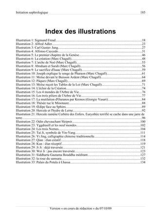 Initiation sophrologique                                                                                                                     185




                                 Index des illustrations
Illustration 1: Sigmund Freud.....................................................................................................18
Illustration 2: Alfred Adler.........................................................................................................23
Illustration 3: Carl Gustav Jung..................................................................................................27
Illustration 4: Alfonso Caycedo..................................................................................................31
Illustration 5: Le premier chapitre de la Genèse.........................................................................46
Illustration 6: La création (Marc Chagall)..................................................................................48
Illustration 7: L'arche de Noé (Marc Chagall)............................................................................53
Illustration 8: Abraham et Sarah (Marc Chagall)........................................................................56
Illustration 9: Le sacrifice d'Isaac (Marc Chagall)......................................................................59
Illustration 10: Joseph explique le songe de Pharaon (Marc Chagall).........................................61
Illustration 11: Moïse devant le Buisson Ardent (Marc Chagall)................................................64
Illustration 12: Pâques (Marc Chagall).......................................................................................69
Illustration 13: Moïse reçoit les Tables de la Loi (Marc Chagall)...............................................71
Illustration 14: L'éclair de la Création........................................................................................74
Illustration 15: Les 4 mondes de l'Arbre de Vie.........................................................................76
Illustration 16: Les trois piliers de l'Arbre de Vie.......................................................................77
Illustration 17: La mutilation d'Ouranos par Kronos (Giorgio Vasari)........................................84
Illustration 18: Thésée tue le Minotaure.....................................................................................88
Illustration 19: Œdipe face au Sphinx.........................................................................................89
Illustration 20: Hercule et l'hydre de Lerne................................................................................92
Illustration 21: Hercule ramène Cerbère des Enfers. Eurysthée terrifié se cache dans une jarre de
terre............................................................................................................................................96
Illustration 22: Odin chevauchant Sleipnir...............................................................................100
Illustration 23: Yggdrasill et les neuf mondes..........................................................................102
Illustration 24: Les trois Nornes...............................................................................................104
Illustration 25: Tai Ji, symbole de Yin-Yang............................................................................111
Illustration 26: Yi Jing, calligraphie chinoise traditionnelle.....................................................114
Illustration 27: Qian : élan créatif.............................................................................................118
Illustration 28: Kun : élan réceptif............................................................................................119
Illustration 29: Ji Ji : déjà traversée..........................................................................................121
Illustration 30: Wei Ji : pas encore traversée............................................................................123
Illustration 31: Siddharta Gautama Bouddha méditant.............................................................127
Illustration 32: la roue du samsara............................................................................................132
Illustration 33: Palais du Potala à Lhassa..................................................................................134




                                      Version « en cours de rédaction » du 07/10/09
 