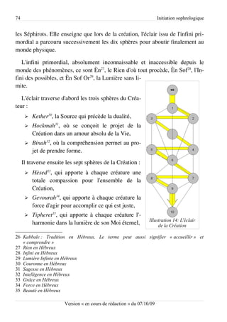 74                                                                      Initiation sophrologique


les Séphirots. Elle enseigne que lors de la création, l'éclair issu de l'infini pri­
mordial a parcouru successivement les dix sphères pour aboutir finalement au
monde physique.

   L'infini primordial, absolument inconnaissable et inaccessible depuis le
monde des phénomènes, ce sont Èn27, le Rien d'où tout procède, Èn Sof28, l'In­
fini des possibles, et Èn Sof Or29, la Lumière sans li­
mite.

   L'éclair traverse d'abord les trois sphères du Créa­
teur :
      ➢   Kether30, la Source qui précède la dualité,
      ➢   Hockmah31, où se conçoit le projet de la
          Création dans un amour absolu de la Vie,
      ➢   Binah32, où la compréhension permet au pro­
          jet de prendre forme.
     Il traverse ensuite les sept sphères de la Création :
      ➢   Hèsed33, qui apporte à chaque créature une
          totale compassion pour l'ensemble de la
          Création,
      ➢   Gevourah34, qui apporte à chaque créature la
          force d'agir pour accomplir ce qui est juste,
      ➢   Tipheret35, qui apporte à chaque créature l'­
                                                                  Illustration 14: L'éclair
          harmonie dans la lumière de son Moi éternel,                 de la Création

26 Kabbale : Tradition en Hébreux. Le terme peut aussi signifier « accueillir » et
   « comprendre »
27 Rien en Hébreux
28 Infini en Hébreux
29 Lumière Infinie en Hébreux
30 Couronne en Hébreux
31 Sagesse en Hébreux
32 Intelligence en Hébreux
33 Grâce en Hébreux
34 Force en Hébreux
35 Beauté en Hébreux

                        Version « en cours de rédaction » du 07/10/09
 