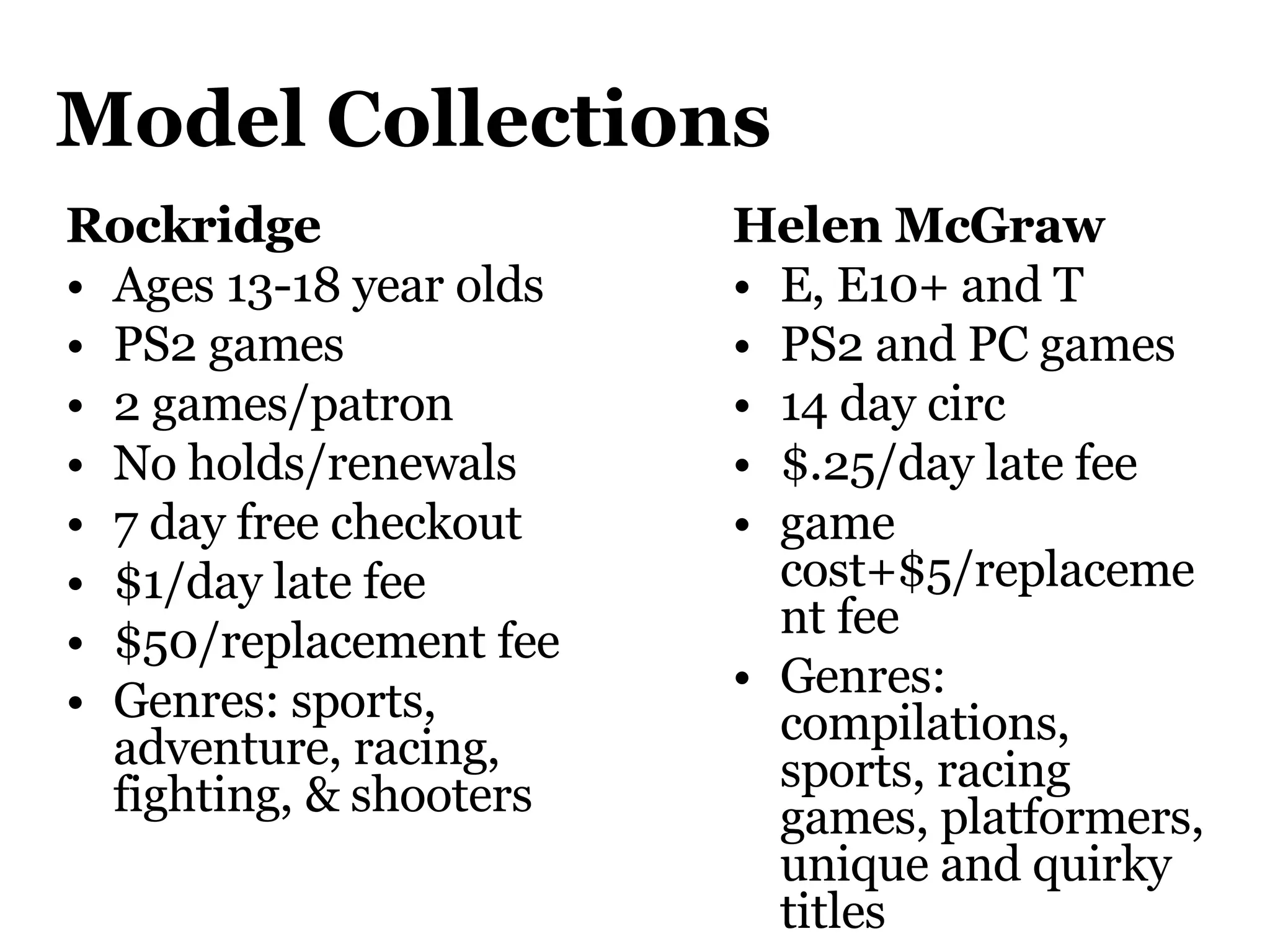 Model Collections Rockridge Ages 13-18 year olds PS2 games  2 games/patron  No holds/renewals  7 day free checkout $1/day late fee $50/replacement fee Genres: sports, adventure, racing, fighting, & shooters Helen McGraw E, E10+ and T PS2 and PC games 14 day circ $.25/day late fee  game cost+$5/replacement fee Genres: compilations, sports, racing games, platformers, unique and quirky titles 