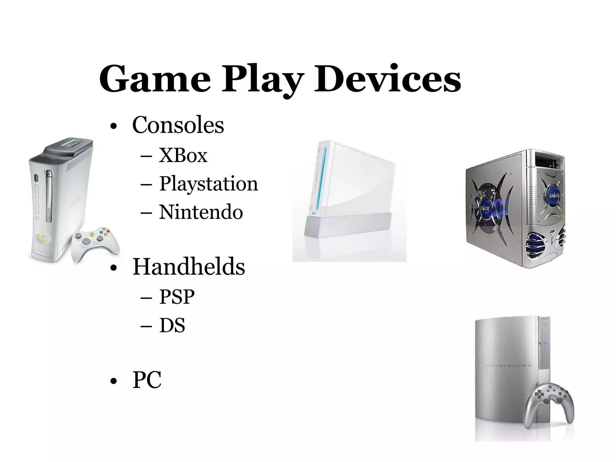 Game Play Devices Consoles XBox Playstation Nintendo Handhelds PSP DS PC 