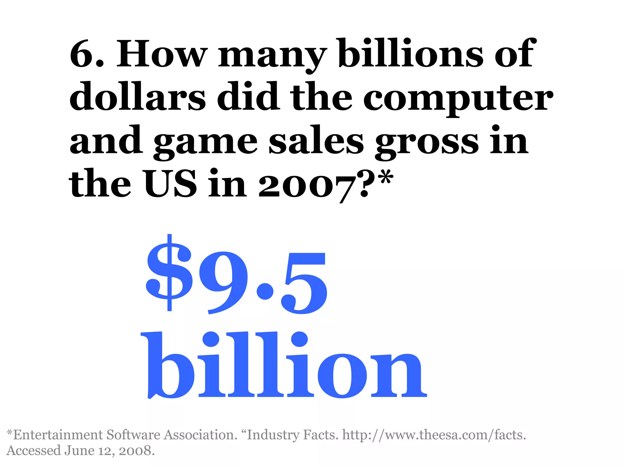 6. How many billions of dollars did the computer and game sales gross in the US in 2007?*   $9.5 billion *Entertainment Software Association. “Industry Facts.  http://www.theesa.com/facts.   Accessed June 12, 2008.  