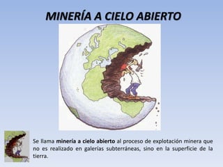 MINERÍA A CIELO ABIERTO




Se llama minería a cielo abierto al proceso de explotación minera que
no es realizado en galerías subterráneas, sino en la superficie de la
tierra.
 