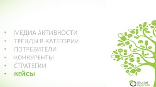 • МЕДИА АКТИВНОСТИ
• ТРЕНДЫ В КАТЕГОРИИ
• ПОТРЕБИТЕЛИ
• КОНКУРЕНТЫ
• СТРАТЕГИИ
• КЕЙСЫ
 