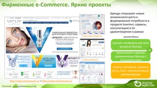 Фирменные e-Commerce. Яркие проекты
Источник: исследование агентства
http://vichy-market.ru/
http://vichy24.ru/
http://www.vichy-shop.ru/
http://shop.vichyconsult.ru/ + http://www.vichyconsult.ru/
Единая платформа для всех
ресурсов бренда
Вовлечение и прямая
коммуникация бренда с
пользователями
+
рекомендации
Советы экспертов, сервисы,
тесты, блог, персонализация,
рекомендации
Бренды открывают новые
возможности роста в
формирование потребности в
продукте (контент, сервисы,
консультации) и ее
удовлетворение в рамках
 