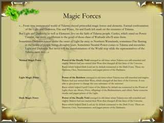 Magic Forces «… From time immemorial world of Talarna obeyed primordial magic forces and elements. Eternal confrontation of the Light and Darkness, Fire and Water, Air and Earth left mark on the creatures of Talarna. But Light and Darkness, as well as Elements, live on the faith of Talarna people. Castles, which stand on Power Centers, can move equilibrium to the good of those clans of Warlords who’ll seize them. Sometimes Darkness retreat under the onset of Light far away to Northern Wastelands, sometimes Fire flaming in the hearts of people brings droughty years. Sometimes Neutral Power comes to Talarna and reconciles Light and Darkness. But never will the transformation of the World stop while the representatives of the Talarna races live …» Power of the Deadly Void  emerged in old times when Talarna was still unsettled and mighty Makers had just started their Wars that changed all fate lines of the Universe. Races which helped Dark Lord are by default connected to the Dark Force. These are Demons, Orcs, Necromancers, and pagan priests of the Darkness . Dark Magic Force Power of the Rainbow  emerged in old times when Talarna was still unsettled and mighty Makers had just started their Wars, which changed all fate lines of the Universe. It was able to give power to change the very substance of the universe! Races which helped Lucid Union of the Makers by default are connected to the Power of Light, these are Alvars, Elves, offsprings of the Brahmantians, and others. Same concerns monks and pagan priests of the Light . Light Magic Force Power of the Deadly Void  emerged in old times when Talarna was still unsettled and mighty Makers had just started their Wars that changed all fate lines of the Universe. Races which helped Dark Lord are by default connected to the Dark Force. These are Demons, Orcs, Necromancers, and pagan priests of the Darkness . Neutral Magic Force 