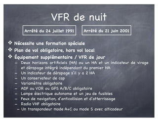 VFR de nuit
❖ Nécessite une formation spéciale
❖ Plan de vol obligatoire, hors vol local
❖ Équipement supplémentaire / VFR de jour
- Deux horizons artiﬁciels (HA) ou un HA et un indicateur de virage
et dérapage intégré indépendant du premier HA
- Un indicateur de dérapage s’il y a 2 HA
- Un conservateur de cap
- Variomètre obligatoire
- ADF ou VOR ou GPS A/B/C obligatoire
- Lampe électrique autonome et un jeu de fusibles
- Feux de navigation, d’anticollision et d’atterrissage
- Radio VHF obligatoire
- Un transpondeur mode A+C ou mode S avec alticodeur
Arrêté du 24 juillet 1991 Arrêté du 21 juin 2001
 