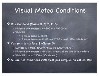 Visual Meteo Conditions
❖ Cas standard (Classe B, C, D, E, G)
- Distance aux nuages : H=1500 m / V=300 m
- Visibilité
• 8 km au dessus de FL100
• 5 km au dessous de FL100, sauf VFR-S = max( 1500m, 30s de vol )
❖ Cas sous la surface S (Classe G)
- Surface S = max( 3000ft AMSL ou 1000ft ASFC )
- Distance aux nuages : hors des nuages et en vue de la surface
- Visibilité : max( 1500m, 30s de vol )
❖ Si une des conditions VMC n’est pas remplie, on est en IMC
 