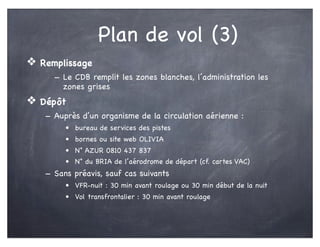 Plan de vol (3)
❖ Remplissage
- Le CDB remplit les zones blanches, l’administration les
zones grises
❖ Dépôt
- Auprès d’un organisme de la circulation aérienne :
• bureau de services des pistes
• bornes ou site web OLIVIA
• N° AZUR 0810 437 837
• N° du BRIA de l’aérodrome de départ (cf. cartes VAC)
- Sans préavis, sauf cas suivants
• VFR-nuit : 30 min avant roulage ou 30 min début de la nuit
• Vol transfrontalier : 30 min avant roulage
 