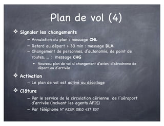 Plan de vol (4)
❖ Signaler les changements
- Annulation du plan : message CNL
- Retard au départ > 30 min : message DLA
- Changement de personnes, d’autonomie, de point de
routes, ... : message CHG
• Nouveau plan de vol si changement d’avion, d’aérodrome de
départ ou d’arrivée
❖ Activation
- Le plan de vol est activé au décollage
❖ Clôture
- Par le service de la circulation aérienne de l’aéroport
d’arrivée (incluant les agents AFIS)
- Par téléphone N° AZUR 0810 437 837
 