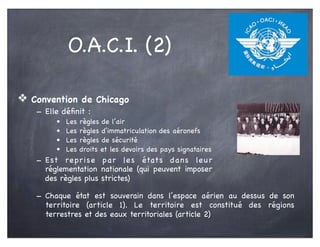 ❖ Convention de Chicago
- Elle déﬁnit :
• Les règles de l’air
• Les règles d’immatriculation des aéronefs
• Les règles de sécurité
• Les droits et les devoirs des pays signataires
- Est reprise par les états dans leur
réglementation nationale (qui peuvent imposer
des règles plus strictes)
- Chaque état est souverain dans l’espace aérien au dessus de son
territoire (article 1). Le territoire est constitué des régions
terrestres et des eaux territoriales (article 2)
O.A.C.I. (2)
 