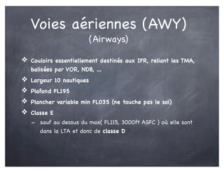Voies aériennes (AWY)
(Airways)
❖ Couloirs essentiellement destinés aux IFR, reliant les TMA,
balisées par VOR, NDB, ...
❖ Largeur 10 nautiques
❖ Plafond FL195
❖ Plancher variable min FL035 (ne touche pas le sol)
❖ Classe E
- sauf au dessus du max( FL115, 3000ft ASFC ) où elle sont
dans la LTA et donc de classe D
 