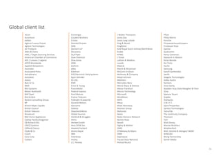 Global client list
       3Com                             Convergys                     J Walter Thompson                    Pfizer
       Accenture                        Coudert Brothers              Jones Day                            Philip Morris
       Adidas                           Creata                        Jones Lang LaSalle                   Porsche
       Agence France-Presse             DaimlerChrysler               King & Wood                          PricewaterhouseCoopers
       Agilent Technologies             DDB                           Kingfisher                           Proskauer Rose
       Air Products                     Dechert LLP                   KLM Royal Dutch Airlines/NorthWest   Qantas
       Allen & Overy                    Discovery                     Kodak                                Qualcomm
       AMC / Target Sourcing Services   DLA Piper                     KPMG                                 Remy Cointreau
       American Chamber of Commerce     Dow Chemical                  L’Oreal                              Research in Motion
       AOL / Lenovo / Legend            Dow Jones                     Latham & Watkins                     Riche Monde
       APCO Worldwide                   DSM                           Lovells                              Rio Tinto
       Applied Biosystems               DuPont                        Maersk                               Roche
       Ascendas                         eBay                          Marsh & McLennan                     Samsung
       Associated Press                 Edelman                       McCann-Erickson                      Sanofi-Synthelabo
       AstraZeneca                      EDS Electronic Data Systems   McKinsey & Company                   Savills
       Autodesk                         Egon Zehnder                  Mead Johnson                         Seagate Technologies
       Aveva                            Eli Lilly                     Melchers                             Sidley Austin
       Bain & Co                        EMC                           Mercedes-Benz                        Siemens
       BASF                             Ernst & Young                 Merck Sharp & Dohme                  Sime Darby
       BEA Systems                      ExxonMobil                    Messe Frankfurt                      Skadden Arps Slate Meagher & Flom
       Beiten Burkhardt                 Federal Express               Micron Technology                    Sony
       BHP Steel                        Ford Motors                   Microsoft                            Spencer Stuart
       Bird & Bird                      France Telecom                MindShare                            Staples
       Boston Consulting Group          Fulbright & Jaworski          MIPS                                 Starbucks
       BP                               General Motors                Misys                                S.W.I.F.T.
       Bristol-Myers Squibb             Genzyme                       Moet-Hennessy                        Swire Properties
       British Council                  Gillette                      Monitor Group                        Symbol Technologies
       British Telecom                  GlaxoSmithKline               Motorola                             Tetra Pak
       Broadcom                         Global Sources                Nokia                                The Continuity Company
       BSH Home Appliances              Heidrick & Struggles          Nokia Siemens Network                Thomson
       Cathay Pacific/Dragonair         Heinz                         Norton Rose                          TUV
       CB Richard Ellis                 Herbert Smith                 Novell                               Walt Disney
       CISCO Systems                    Hess Oil & Gas                Ogilvy & Mather                      Warner Brothers
       Clifford Chance                  Hewlett Packard               OMD                                  Weatherford
       Clyde & Co                       Home Depot                    O’Melveny & Myers                    Weil, Gotshal & Manges/ WGM
       Coach                            IBM                           OMX                                  Wilkhahn
       Coca-Cola                        Interbrew                     Openwave                             Wong Partnership
       Colliers                         Invista                       Pacnet (Asia Netcom)                 Zenith Media
                                        J.C. Penney                   Pernod Ricard

                                                                                                                                               36
 