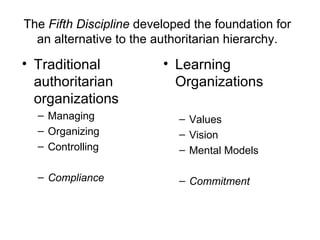 The  Fifth Discipline  developed the foundation for an alternative to the authoritarian hierarchy. Traditional authoritarian organizations Managing Organizing Controlling Compliance Learning Organizations Values Vision Mental Models Commitment 