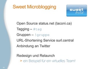 Sweet Microblogging


      Open Source status.net (laconi.ca)
      Tagging – #tag
      Gruppen – !gruppe
      URL-Shortening Service surl.central
      Anbindung an Twitter

      Redesign und Relaunch
       > ein Beispiel für ein virtuelles Team!
10
 