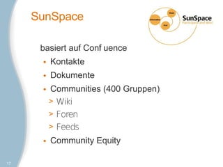 SunSpace

      basiert auf Conf uence
                     l
      • Kontakte
      • Dokumente
      • Communities (400 Gruppen)
        > Wiki
        > Foren
        > Feeds
      • Community Equity

17
 