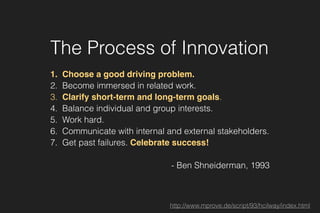 The Process of Innovation
1. Choose a good driving problem.
2. Become immersed in related work.
3. Clarify short-term and long-term goals.
4. Balance individual and group interests.
5. Work hard.
6. Communicate with internal and external stakeholders.
7. Get past failures. Celebrate success!
- Ben Shneiderman, 1993
http://www.mprove.de/script/93/hcilway/index.html
 