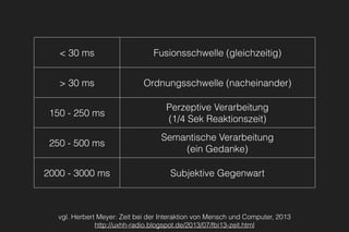 < 30 ms Fusionsschwelle (gleichzeitig)
> 30 ms Ordnungsschwelle (nacheinander)
150 - 250 ms
Perzeptive Verarbeitung
(1/4 Sek Reaktionszeit)
250 - 500 ms
Semantische Verarbeitung
(ein Gedanke)
2000 - 3000 ms Subjektive Gegenwart
vgl. Herbert Meyer: Zeit bei der Interaktion von Mensch und Computer, 2013
http://uxhh-radio.blogspot.de/2013/07/fbi13-zeit.html
 