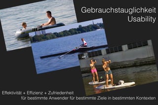 Effektivität + Efﬁzienz + Zufriedenheit 
für bestimmte Anwender für bestimmte Ziele in bestimmten Kontexten
Gebrauchstauglichkeit
Usability
 