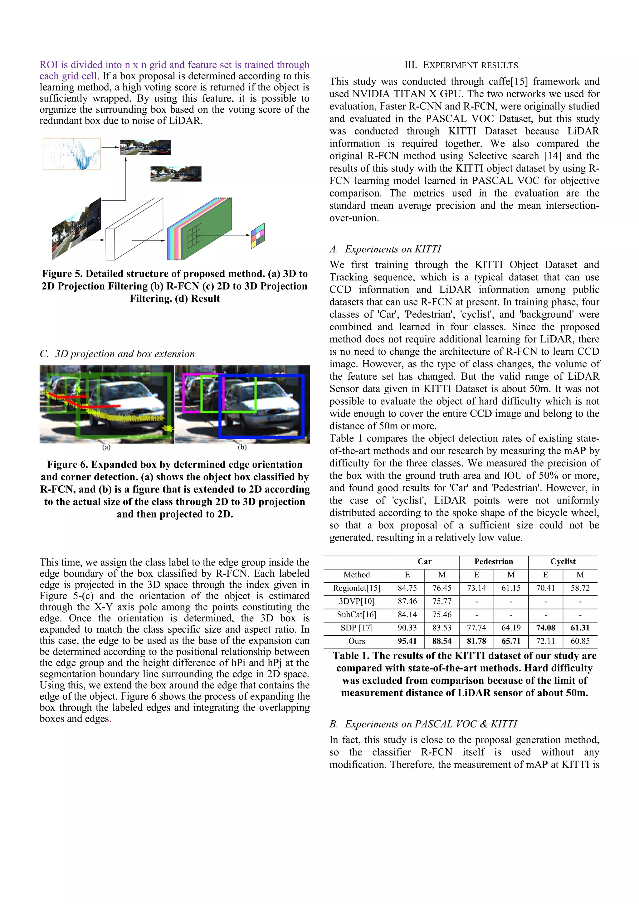 ROI is divided into n x n grid and feature set is trained through
each grid cell. If a box proposal is determined according to this
learning method, a high voting score is returned if the object is
sufficiently wrapped. By using this feature, it is possible to
organize the surrounding box based on the voting score of the
redundant box due to noise of LiDAR.
Figure 5. Detailed structure of proposed method. (a) 3D to
2D Projection Filtering (b) R-FCN (c) 2D to 3D Projection
Filtering. (d) Result
C. 3D projection and box extension
This time, we assign the class label to the edge group inside the
edge boundary of the box classified by R-FCN. Each labeled
edge is projected in the 3D space through the index given in
Figure 5-(c) and the orientation of the object is estimated
through the X-Y axis pole among the points constituting the
edge. Once the orientation is determined, the 3D box is
expanded to match the class specific size and aspect ratio. In
this case, the edge to be used as the base of the expansion can
be determined according to the positional relationship between
the edge group and the height difference of hPi and hPj at the
segmentation boundary line surrounding the edge in 2D space.
Using this, we extend the box around the edge that contains the
edge of the object. Figure 6 shows the process of expanding the
box through the labeled edges and integrating the overlapping
boxes and edges.
III. EXPERIMENT RESULTS
This study was conducted through caffe[15] framework and
used NVIDIA TITAN X GPU. The two networks we used for
evaluation, Faster R-CNN and R-FCN, were originally studied
and evaluated in the PASCAL VOC Dataset, but this study
was conducted through KITTI Dataset because LiDAR
information is required together. We also compared the
original R-FCN method using Selective search [14] and the
results of this study with the KITTI object dataset by using R-
FCN learning model learned in PASCAL VOC for objective
comparison. The metrics used in the evaluation are the
standard mean average precision and the mean intersection-
over-union.
A. Experiments on KITTI
We first training through the KITTI Object Dataset and
Tracking sequence, which is a typical dataset that can use
CCD information and LiDAR information among public
datasets that can use R-FCN at present. In training phase, four
classes of 'Car', 'Pedestrian', 'cyclist', and 'background' were
combined and learned in four classes. Since the proposed
method does not require additional learning for LiDAR, there
is no need to change the architecture of R-FCN to learn CCD
image. However, as the type of class changes, the volume of
the feature set has changed. But the valid range of LiDAR
Sensor data given in KITTI Dataset is about 50m. It was not
possible to evaluate the object of hard difficulty which is not
wide enough to cover the entire CCD image and belong to the
distance of 50m or more.
Table 1 compares the object detection rates of existing state-
of-the-art methods and our research by measuring the mAP by
difficulty for the three classes. We measured the precision of
the box with the ground truth area and IOU of 50% or more,
and found good results for 'Car' and 'Pedestrian'. However, in
the case of 'cyclist', LiDAR points were not uniformly
distributed according to the spoke shape of the bicycle wheel,
so that a box proposal of a sufficient size could not be
generated, resulting in a relatively low value.
Car Pedestrian Cyclist
Method E M E M E M
Regionlet[15] 84.75 76.45 73.14 61.15 70.41 58.72
3DVP[10] 87.46 75.77 - - - -
SubCat[16] 84.14 75.46 - - - -
SDP [17] 90.33 83.53 77.74 64.19 74.08 61.31
Ours 95.41 88.54 81.78 65.71 72.11 60.85
Table 1. The results of the KITTI dataset of our study are
compared with state-of-the-art methods. Hard difficulty
was excluded from comparison because of the limit of
measurement distance of LiDAR sensor of about 50m.
B. Experiments on PASCAL VOC & KITTI
In fact, this study is close to the proposal generation method,
so the classifier R-FCN itself is used without any
modification. Therefore, the measurement of mAP at KITTI is
Figure 6. Expanded box by determined edge orientation
and corner detection. (a) shows the object box classified by
R-FCN, and (b) is a figure that is extended to 2D according
to the actual size of the class through 2D to 3D projection
and then projected to 2D.
 