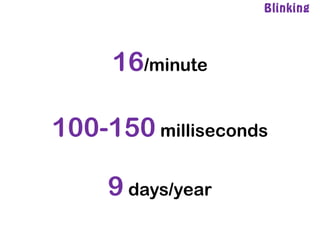 Blinking
16/minute
9 days/year
100-150 milliseconds
 