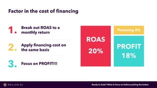 Factor in the cost of ﬁnancing
ROAS ROAS
20%
Financing 2%
PROFIT
18%
Break out ROAS to a
monthly return
Apply ﬁnancing cos...