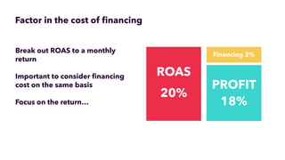 Factor in the cost of ﬁnancing
ROAS
Break out ROAS to a monthly
return
Important to consider ﬁnancing
cost on the same bas...