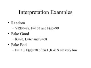 Interpretation Examples Random VRIN=98, F=103 and F(p)=99 Fake Good K=70, L=67 and S=68 Fake Bad F=110, F(p)=78 often L,K & S are very low 