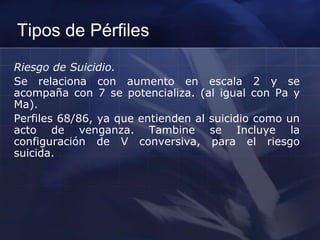 Tipos de Pérfiles
Riesgo de Suicidio.
Se relaciona con aumento en escala 2 y se
acompaña con 7 se potencializa. (al igual con Pa y
Ma).
Perfiles 68/86, ya que entienden al suicidio como un
acto de venganza. Tambine se Incluye la
configuración de V conversiva, para el riesgo
suicida.
 