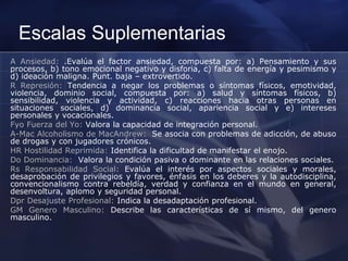 Escalas Suplementarias
A Ansiedad: .Evalúa el factor ansiedad, compuesta por: a) Pensamiento y sus
procesos, b) tono emocional negativo y disforia, c) falta de energía y pesimismo y
d) ideación maligna. Punt. baja – extrovertido.
R Represión: Tendencia a negar los problemas o síntomas físicos, emotividad,
violencia, dominio social, compuesta por: a) salud y síntomas físicos, b)
sensibilidad, violencia y actividad, c) reacciones hacia otras personas en
situaciones sociales, d) dominancia social, apariencia social y e) intereses
personales y vocacionales.
Fyo Fuerza del Yo: Valora la capacidad de integración personal.
A-Mac Alcoholismo de MacAndrew: Se asocia con problemas de adicción, de abuso
de drogas y con jugadores crónicos.
HR Hostilidad Reprimida: Identifica la dificultad de manifestar el enojo.
Do Dominancia: Valora la condición pasiva o dominante en las relaciones sociales.
Rs Responsabilidad Social: Evalúa el interés por aspectos sociales y morales,
desaprobación de privilegios y favores, énfasis en los deberes y la autodisciplina,
convencionalismo contra rebeldía, verdad y confianza en el mundo en general,
desenvoltura, aplomo y seguridad personal.
Dpr Desajuste Profesional: Indica la desadaptación profesional.
GM Genero Masculino: Describe las características de sí mismo, del genero
masculino.
 