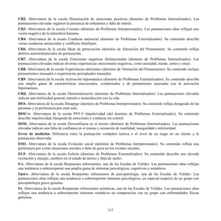 CR2. Abreviatura de la escala Disminución de emociones positivas (dominio de Problemas Internalizados). Las
puntuaciones elevadas sugieren la presencia de anhedonia y falta de interés.
CR3. Abreviatura de la escala Cinismo (dominio de Problemas Interpersonales). Las puntuaciones altas reflejan una
visión negativa de la naturaleza humana.
CR4. Abreviatura de la escala Conducta antisocial (dominio de Problemas Externalizados). Su contenido describe
varias conductas antisociales y conflictos familiares.
CR6. Abreviatura de la escala Ideas de persecución (dominio de Alteración del Pensamiento. Su contenido refleja
delirios autorreferenciales de persecución.
CR7. Abreviatura de la escala Emociones negativas disfuncionales (dominio de Problemas Internalizados). Las
puntuaciones elevadas indican diversas experiencias emocionales negativas, como ansiedad, miedo, estrés y enojo.
CR8. Abreviatura de la escala Experiencias aberrantes (dominio de Alteración del Pensamiento). Su contenido incluye
pensamientos inusuales o experiencias perceptuales inusuales.
CR9. Abreviatura de la escala Activación hipomaníaca (dominio de Problemas Externalizados). Su contenido describe
una amplia gama de características emocionales, conductuales y de pensamiento asociadas con la activación
hipomaníaca.
CRd. Abreviatura de la escala Desmoralización (dominio de Problemas Internalizados). Las puntuaciones elevadas
indican una infelicidad general, tensión e insatisfacción con la vida.
DES. Abreviatura de la escala Desapego (dominio de Problemas Interpersonales). Su contenido refleja desagrado de las
personas y la preferencia por estar solo.
DISC-r. Abreviatura de la escala PSY-5 Impulsividad (del dominio de Problemas Externalizados). Su contenido
describe impulsividad, búsqueda de emociones y conducta sin control.
DSM. Abreviatura de la escala Desconfianza en sí mismo (dominio de Problemas Internalizados). Las puntuaciones
elevadas indican una falta de confianza en sí mismo y sensación de inutilidad, inseguridad e inferioridad.
Error de medición. Diferencia entre la puntuación verdadera teórica o el nivel de un rasgo en un cliente y la
puntuación observada.
ESO. Abreviatura de la escala Evitación social (dominio de Problemas Interpersonales). Su contenido refleja una
preferencia por evitar situaciones sociales o falta de gozo en los eventos sociales.
EUF. Abreviatura de la escala Euforia (dominio de Problemas Externalizados). Su contenido describe una elevada
excitación y energía, cambios en el estado de ánimo y falta de sueño.
F-r. Abreviatura de la escala Respuestas infrecuentes, una de las Escalas de Validez. Las puntuaciones altas reflejan
una tendencia a sobrerreportar una amplia gama de síntomas psicológicos, cognitivos y somáticos.
Fpsi-r. Abreviatura de la escala Respuestas infrecuentes de psicopatología, una de las Escalas de Validez. Las
puntuaciones altas reflejan una tendencia a sobrerreportar síntomas psicológicos, en especial respecto de un grupo con
psicopatología grave genuina.
Fs. Abreviatura de la escala Respuestas infrecuentes somáticas, una de las Escalas de Validez. Las puntuaciones altas
reflejan una tendencia a sobrerreportar síntomas somáticos en comparación con un grupo con enfermedades físicas
genuinas.
117
 