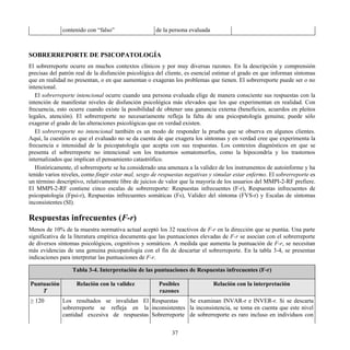 contenido con “falso” de la persona evaluada
SOBRERREPORTE DE PSICOPATOLOGÍA
El sobrerreporte ocurre en muchos contextos clínicos y por muy diversas razones. En la descripción y comprensión
precisas del patrón real de la disfunción psicológica del cliente, es esencial estimar el grado en que informan síntomas
que en realidad no presentan, o en que aumentan o exageran los problemas que tienen. El sobrerreporte puede ser o no
intencional.
El sobrerreporte intencional ocurre cuando una persona evaluada elige de manera consciente sus respuestas con la
intención de manifestar niveles de disfunción psicológica más elevados que los que experimentan en realidad. Con
frecuencia, esto ocurre cuando existe la posibilidad de obtener una ganancia externa (beneficios, acuerdos en pleitos
legales, atención). El sobrerreporte no necesariamente refleja la falta de una psicopatología genuina; puede sólo
exagerar el grado de las alteraciones psicológicas que en verdad existen.
El sobrerreporte no intencional también es un modo de responder la prueba que se observa en algunos clientes.
Aquí, la cuestión es que el evaluado no se da cuenta de que exagera los síntomas y en verdad cree que experimenta la
frecuencia e intensidad de la psicopatología que acepta con sus respuestas. Los contextos diagnósticos en que se
presenta el sobrerreporte no intencional son los trastornos somatomorfos, como la hipocondría y los trastornos
internalizados que implican el pensamiento catastrófico.
Históricamente, el sobrerreporte se ha considerado una amenaza a la validez de los instrumentos de autoinforme y ha
tenido varios niveles, como fingir estar mal, sesgo de respuestas negativas y simular estar enfermo. El sobrerreporte es
un término descriptivo, relativamente libre de juicios de valor que la mayoría de los usuarios del MMPI-2-RF prefiere.
El MMPI-2-RF contiene cinco escalas de sobrerreporte: Respuestas infrecuentes (F-r), Respuestas infrecuentes de
psicopatología (Fpsi-r), Respuestas infrecuentes somáticas (Fs), Validez del síntoma (FVS-r) y Escalas de síntomas
inconsistentes (SI).
Respuestas infrecuentes (F-r)
Menos de 10% de la muestra normativa actual aceptó los 32 reactivos de F-r en la dirección que se puntúa. Una parte
significativa de la literatura empírica documenta que las puntuaciones elevadas de F-r se asocian con el sobrerreporte
de diversos síntomas psicológicos, cognitivos y somáticos. A medida que aumenta la puntuación de F-r, se necesitan
más evidencias de una genuina psicopatología con el fin de descartar el sobrerreporte. En la tabla 3-4, se presentan
indicaciones para interpretar las puntuaciones de F-r.
Tabla 3-4. Interpretación de las puntuaciones de Respuestas infrecuentes (F-r)
Puntuación
T
Relación con la validez Posibles
razones
Relación con la interpretación
≥ 120 Los resultados se invalidan El
sobrerreporte se refleja en la
cantidad excesiva de respuestas
Respuestas
inconsistentes
Sobrerreporte
Se examinan INVAR-r e INVER-r. Si se descarta
la inconsistencia, se toma en cuenta que este nivel
de sobrerreporte es raro incluso en individuos con
37
 