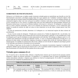 < 80 No hay evidencias de
sobrerreporte
No se aplica Se pueden interpretar los resultados
SUBREPORTE DE PSICOPATOLOGÍA
Subreporte es el término que se emplea cuando la persona evaluada genera un autoinforme que describe un nivel de
funcionamiento emocional y psicológico mucho mejor de lo que sugeriría una “verdadera” evaluación objetiva. Del
mismo modo que los actuales usuarios del MMPI prefieren el término sobrerreporte en vez de los antiguos términos, de
connotación negativa, fingir estar mal, subreporte se prefiere a términos como fingir estar bien o el término forzado
positive malingering no estar enfermo. La palabra fingir tiene una clara implicación de intencionalidad, inferencia con
frecuencia inexacta que se evita con los términos neutrales sobrerreporte y subreporte. El subreporte es común sobre
todo en ciertos contextos predecibles, como en los exámenes de selección de personal y en las evaluaciones para
asignar la custodia de menores de edad, así como en otras situaciones en las que ofrece ventajas parecer muy bien
adaptado.
En casos de puntuaciones elevadas, determinar si el subreporte es o no intencional requiere de datos externos de
corroboración.
Si una o las dos escalas de subreporte –Virtudes poco comunes (L) y Validez de adaptación (K)– son elevadas y las
Escalas Sustantivas son bajas, pero la historia del caso revela una clara tensión y agitación, es muy probable que se trate
de subreporte, por lo que los resultados no serían representativos del individuo. Sin embargo, en algunos casos, L-r o K-
r pueden tener puntuaciones elevadas por diferentes razones. A veces se encuentran puntuaciones elevadas de L-r en
personas de zonas rurales, con tradiciones religiosas, de quienes se esperan altos niveles de virtud que influyen en la
autopercepción. En realidad, las puntuaciones altas de K-r reflejan un nivel elevado de adaptación psicológica general
en un individuo cuya historia es consistente con esa conclusión.
Por último, al igual que con las escalas de sobrerreporte, las respuestas inconsistentes impactan la medición del
subreporte. Debido a que la mayoría de los reactivos de L-r y K-r se puntúan cuando la respuesta es falso, las respuestas
fijas inconsistentes en la dirección de falso pueden elevar estas escalas.
Virtudes poco comunes (L-r)
Los 14 reactivos de L-r describen faltas, defectos o imperfecciones menores que la mayoría de las personas estarían
dispuestas a admitir sin mayores reticencias. Al interpretar L-r es importante tomar en cuenta la posibilidad de que
existan antecedentes culturales o religiosos que enfaticen la virtud en la autopercepción. En la tabla 3-9 se presentan
indicaciones para interpretar las puntuaciones de L-r.
Tabla 3-9. Interpretación de las puntuaciones de Virtudes poco comunes (L-r)
Puntuación
T
Relación con la validez Posibles
razones
Relación con la interpretación
≥ 80 Los resultados pueden ser inválidos.
El subreporte se refleja en que la
Respuestas
inconsistentes
Se examinan INVAR-r e INVER-r. Si se descarta la
inconsistencia, se toma en cuenta que este nivel de
42
 