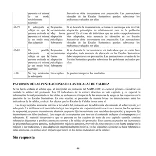 presenta a sí misma
de un modo
notablemente
adaptado
Sustantivas debe interpretarse con precaución. Las puntuaciones
elevadas de las Escalas Sustantivas pueden subestimar los
problemas evaluados por ellas
66-79 El subreporte se
refleja en que la
persona evaluada se
presenta a sí misma
de un modo muy
bien adaptado
Respuestas
inconsistentes
Muy buena
adaptación
psicológica
Subreporte
Si se descarta la inconsistencia, se toma en cuenta que este nivel de
adaptación psicológica es relativamente raro en la población
general. En el caso de individuos que no están excepcionalmente
bien adaptados, toda ausencia de elevación en las Escalas
Sustantivas debe interpretarse con precaución. Las puntuaciones
elevadas de las Escalas Sustantivas pueden subestimar los
problemas evaluados por ellas
60-65 Un posible
subreporte se
refleja en que la
persona evaluada se
presenta a sí misma
de un modo bien
adaptado
Respuestas
inconsistentes
Buena
adaptación
psicológica
Subreporte
Si se descarta la inconsistencia, en individuos que no están bien
adaptados, toda ausencia de elevación en las Escalas Sustantivas
debe interpretarse con precaución. Las puntuaciones elevadas de las
Escalas Sustantivas pueden subestimar los problemas evaluados por
ellas
< 60 No hay evidencias
de subreporte
No se aplica Se pueden interpretar los resultados
PATRONES DE LAS PUNTUACIONES DE LAS ESCALAS DE VALIDEZ
Se ha hecho énfasis al señalar que, al interpretar un protocolo del MMPI-2-RF, es esencial primero considerar con
cuidado la validez del protocolo. Los 10 indicadores de la validez descritos en este capítulo, y en especial la
información formal presentada en las tablas, se enfocan en el impacto de las amenazas de sesgo en las respuestas en la
precisión de las Escalas Sustantivas. En esta sección, se presentan de manera breve las interrelaciones entre los
indicadores de la validez, es decir, los efectos que las Escalas de Validez tienen entre sí.
Las tres principales amenazas internas a la validez del protocolo son la indiferencia al contenido, el sobrerreporte y el
subreporte. La indiferencia al contenido incluye las categorías sin respuesta (omitir reactivos o marcar las dos opciones
de respuesta), respuesta inconsistente aleatoria, respuesta fija inconsistente con verdadero (aceptación) y respuesta fija
inconsistente con falso (rechazo). Los sesgos de las respuestas con base en el contenido incluyen el sobrerreporte y el
subreporte. El material interpretativo que se presenta en los cuadros de texto de este capítulo también contiene
referencias frecuentes a posibles amenazas externas a la validez del protocolo. Estas amenazas pueden ser la presencia
de psicopatología grave genuina, padecimientos médicos genuinos, provenir de zonas rurales o con fuerte arraigo en la
religión o las tradiciones, y una adaptación excepcionalmente positiva. En las siguientes secciones se hace referencia a
estas amenazas con énfasis en el impacto que tienen en los demás indicadores de la validez.
Sin respuesta
44
 