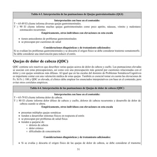 Tabla 4-3. Interpretación de las puntuaciones de Quejas gastrointestinales (QGI)
Interpretación con base en el contenido:
T = 65-89 El cliente informa diversas quejas gastrointestinales.
T ≥ 90 El cliente informa muchas quejas gastrointestinales como poco apetito, náuseas, vómito y malestares
estomacales recurrentes.
Empíricamente, otros individuos con elevaciones en esta escala
tienen antecedentes de problemas gastrointestinales
se preocupan por cuestiones de salud
Consideraciones diagnósticas y de tratamiento adicionales:
Si se evalúan los problemas gastrointestinales y se descarta el origen físico se debe considerar trastorno somatomorfo.
Se debe considerar una intervención para reducir el estrés.
Quejas de dolor de cabeza (QDC)
QDC contiene seis reactivos que describen varias quejas acerca de dolor de cabeza y cuello. Las puntuaciones elevadas
se asocian con estas preocupaciones, así como con una preocupación más general por cuestiones relacionadas con el
dolor y con quejas somáticas más difusas. Al igual que en las escalas del dominio de Problemas Somáticos/Cognitivos
es importante contar con una valoración médica de estas quejas. También es esencial tomar en cuenta las elevaciones de
Fs. Si Fs ≥ 100 y QDC es elevada, el clínico debe emplear los enunciados interpretativos con base en el contenido, pero
evitar otros correlatos empíricos.
Tabla 4-4. Interpretación de las puntuaciones de Quejas de dolor de cabeza (QDC)
Interpretación con base en el contenido:
T = 65-79 El cliente informa dolor de cabeza.
T ≥ 80 El cliente informa dolor difuso de cabeza y cuello, dolores de cabeza recurrentes y desarrollo de dolor de
cabeza cuando se altera.
Empíricamente, otros individuos con elevaciones en esta escala
presentan múltiples quejas somáticas
tienden a desarrollar síntomas físicos en respuesta al estrés
se preocupan por problemas de salud física
tienden a quejarse de:
dolores de cabeza
dolor crónico
dificultades de concentración
Consideraciones diagnósticas y de tratamiento adicionales:
Si se evalúa y descarta el origen físico de las quejas de dolor de cabeza, se debe considerar el trastorno
51
 