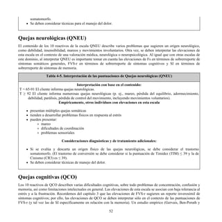 somatomorfo.
Se deben considerar técnicas para el manejo del dolor.
Quejas neurológicas (QNEU)
El contenido de los 10 reactivos de la escala QNEU describe varios problemas que sugieren un origen neurológico,
como debilidad, insensibilidad, mareos y movimientos involuntarios. Otra vez, se deben interpretar las elevaciones de
esta escala en el contexto de una valoración médica, neurológica o neuropsicológica. Al igual que con otras escalas de
este dominio, al interpretar QNEU es importante tomar en cuenta las elevaciones de Fs en términos de sobrerreporte de
síntomas somáticos generales, FVS-r en términos de sobrerreporte de síntomas cognitivos y SI en términos de
sobrerreporte de síntomas de memoria.
Tabla 4-5. Interpretación de las puntuaciones de Quejas neurológicas (QNEU)
Interpretación con base en el contenido:
T = 65-91 El cliente informa quejas neurológicas.
T ≥ 92 El cliente informa numerosas quejas neurológicas (p. ej., mareo, pérdida del equilibrio, adormecimiento,
debilidad, parálisis, pérdida de control del movimiento, incluyendo movimientos voluntarios).
Empíricamente, otros individuos con elevaciones en esta escala
presentan múltiples quejas somáticas
tienden a desarrollar problemas físicos en respuesta al estrés
pueden presentar:
mareo
dificultades de coordinación
problemas sensoriales
Consideraciones diagnósticas y de tratamiento adicionales:
Si se evalúa y descarta un origen físico de las quejas neurológicas, se debe considerar el trastorno
somatomorfo. (El trastorno de conversión se debe considerar si la puntuación de Timidez (TIM) ≤ 39 y la de
Cinismo (CR3) es ≤ 39).
Se deben considerar técnicas de manejo del dolor.
Quejas cognitivas (QCO)
Los 10 reactivos de QCO describen varias dificultades cognitivas, sobre todo problemas de concentración, confusión y
memoria, así como limitaciones intelectuales en general. Las elevaciones de esta escala se asocian con baja tolerancia al
estrés y a la frustración. Recordemos del capítulo 3 que las elevaciones de FVS-r sugieren un reporte inverosímil de
síntomas cognitivos; por ello, las elevaciones de QCO se deben interpretar sólo en el contexto de las puntuaciones de
FVS-r (y tal vez las de SI específicamente en relación con la memoria). Un estudio empírico (Gervais, Ben-Porath y
52
 