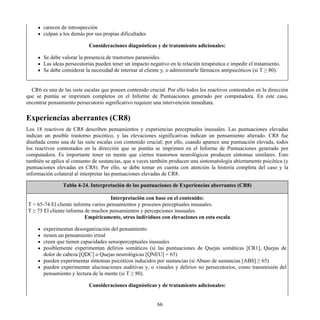 carecen de introspección
culpan a los demás por sus propias dificultades
Consideraciones diagnósticas y de tratamiento adicionales:
Se debe valorar la presencia de trastornos paranoides.
Las ideas persecutorias pueden tener un impacto negativo en la relación terapéutica e impedir el tratamiento.
Se debe considerar la necesidad de internar al cliente y, o administrarle fármacos antipsicóticos (si T ≥ 80).
CR6 es una de las siete escalas que poseen contenido crucial. Por ello todos los reactivos contestados en la dirección
que se puntúa se imprimen completos en el Informe de Puntuaciones generado por computadora. En este caso,
encontrar pensamiento persecutorio significativo requiere una intervención inmediata.
Experiencias aberrantes (CR8)
Los 18 reactivos de CR8 describen pensamientos y experiencias perceptuales inusuales. Las puntuaciones elevadas
indican un posible trastorno psicótico, y las elevaciones significativas indican un pensamiento alterado. CR8 fue
diseñada como una de las siete escalas con contenido crucial; por ello, cuando aparece una puntuación elevada, todos
los reactivos contestados en la dirección que se puntúa se imprimen en el Informe de Puntuaciones generado por
computadora. Es importante tener en mente que ciertos trastornos neurológicos producen síntomas similares. Esto
también se aplica al consumo de sustancias, que a veces también producen una sintomatología abiertamente psicótica (y
puntuaciones elevadas en CR8). Por ello, se debe tomar en cuenta con atención la historia completa del caso y la
información colateral al interpretar las puntuaciones elevadas de CR8.
Tabla 4-24. Interpretación de las puntuaciones de Experiencias aberrantes (CR8)
Interpretación con base en el contenido:
T = 65-74 El cliente informa varios pensamientos y procesos perceptuales inusuales.
T ≥ 75 El cliente informa de muchos pensamientos y percepciones inusuales.
Empíricamente, otros individuos con elevaciones en esta escala
experimentan desorganización del pensamiento
tienen un pensamiento irreal
creen que tienen capacidades sensoperceptuales inusuales
posiblemente experimentan delirios somáticos (si las puntuaciones de Quejas somáticas [CR1], Quejas de
dolor de cabeza [QDC] o Quejas neurológicas [QNEU] = 65)
pueden experimentar síntomas psicóticos inducidos por sustancias (si Abuso de sustancias [ABS] ≥ 65)
pueden experimentar alucinaciones auditivas y, o visuales y delirios no persecutorios, como transmisión del
pensamiento y lectura de la mente (si T ≥ 80).
Consideraciones diagnósticas y de tratamiento adicionales:
66
 