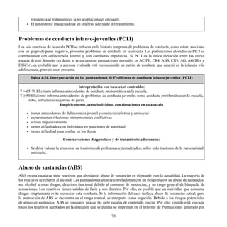 resistencia al tratamiento o la no aceptación del encuadre.
El autocontrol inadecuado es un objetivo adecuado del tratamiento.
Problemas de conducta infanto-juveniles (PCIJ)
Los seis reactivos de la escala PCIJ se enfocan en la historia temprana de problemas de conducta, como robar, asociarse
con un grupo de pares negativo, presentar problemas de conducta en la escuela. Las puntuaciones elevadas de PICJ se
correlacionan con delincuencia juvenil y con conductas impulsivas. Si PCIJ es la única elevación entre las nueve
escalas de este dominio (es decir, si se encuentran puntuaciones normales en AC/PE, CR4, ABS, CR9, AG, AGGR-r y
DISC-r), es probable que la persona evaluada esté reconociendo un patrón de conducta que ocurrió en la infancia o la
adolescencia, pero no en el presente.
Tabla 4-28. Interpretación de las puntuaciones de Problemas de conducta infanto-juveniles (PCIJ)
Interpretación con base en el contenido:
T = 65-79 El cliente informa antecedentes de conducta problemática en la escuela.
T ≥ 80 El cliente informa antecedentes de problemas de conducta juveniles como conducta problemática en la escuela,
robo, influencias negativas de pares.
Empíricamente, otros individuos con elevaciones en esta escala
tienen antecedentes de delincuencia juvenil y conducta delictiva y antisocial
experimentan relaciones interpersonales conflictivas
actúan impulsivamente
tienen dificultades con individuos en posiciones de autoridad
tienen dificultad para confiar en los demás
Consideraciones diagnósticas y de tratamiento adicionales:
Se debe valorar la presencia de trastornos de problemas externalizados, sobre todo trastorno de la personalidad
antisocial.
Abuso de sustancias (ABS)
ABS es una escala de siete reactivos que abordan el abuso de sustancias en el pasado o en la actualidad. La mayoría de
los reactivos se refieren al alcohol. Las puntuaciones altas se correlacionan con un riesgo mayor de abuso de sustancias,
sea alcohol u otras drogas; deterioro funcional debido al consumo de sustancias, y un rasgo general de búsqueda de
sensaciones. Los reactivos tienen validez de facie y son directos. Por ello, es posible que un individuo que consume
drogas simplemente evite reconocer esta conducta. Si la información del caso incluye abuso de sustancias actual, pero
la puntuación de ABS se encuentra en el rango normal, se interpreta como negación. Debido a los riesgos potenciales
de abuso de sustancias, ABS se considera una de las siete escalas de contenido crucial. Por ello, cuando está elevada,
todos los reactivos aceptados en la dirección que se puntúa se imprimen en el Informe de Puntuaciones generado por
70
 