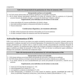 computadora.
Tabla 4-29. Interpretación de las puntuaciones de Abuso de sustancias (ABS)
Interpretación con base en el contenido:
T = 65-79 El cliente informa abuso de sustancias significativo en el pasado y el presente.
T ≥ 80 El cliente informa antecedentes significativos de abuso de sustancias, abuso de sustancias en el presente,
consumo frecuente de alcohol y drogas y, o consumo de alcohol para “relajarse y abrirse”.
Empíricamente, otros individuos con elevaciones en esta escala
tienen antecedentes de consumo problemático de alcohol o drogas
han tenido problemas legales a consecuencia del abuso de sustancias
buscan sensaciones
Consideraciones diagnósticas y de tratamiento adicionales:
Se debe valorar la presencia de trastornos relacionados con el uso de sustancias.
Se debe considerar el abuso de sustancias como foco del tratamiento
Activación hipomaníaca (CR9)
CR9 es una escala de 28 reactivos que abarca una amplia variedad de características emocionales, actitudes, patrones de
pensamiento y conductas asociadas con la activación hipomaníaca. El contenido de los reactivos refleja un alto nivel de
energía, pensamientos que compiten entre sí, estado de ánimo elevado, autoconsideración aumentada, búsqueda de
emociones y agresión. Las puntuaciones bajas indican que la persona evaluada ha informado un nivel de energía y un
apego al ambiente por debajo del promedio. Si CR9 es baja y CR2 está elevada, la combinación sugiere anhedonia y
desapego más acentuados, característica de la depresión mayor.
Tabla 4-30. Interpretación de las puntuaciones de Activación hipomaníaca (CR9)
Interpretación con base en el contenido:
T < 39 El cliente informa un nivel por debajo del promedio de activación y relación con su ambiente.
T = 65-74 El cliente informa un nivel por encima del promedio de activación y relación con su ambiente.
T ≥ 75 El cliente informa un nivel considerablemente por encima del promedio de activación y relación con su
ambiente.
Empíricamente, otros individuos con elevaciones en esta escala
tienen un nivel muy bajo de energía (si T < 35)
están desapegados de su medio (si T < 35)
son inquietos y se aburren con facilidad (si T ≥ 65)
están sobreactivados, se manifiesta con un bajo control de impulsos, agresión, inestabilidad del estado de
ánimo excitabilidad, búsqueda de sensaciones y otras formas de conducta subcontrolada (si T ≥ 65)
71
 