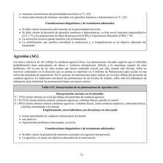 muestran características de personalidad narcisista (si T ≥ 65)
tienen antecedentes de síntomas asociados con episodios maníacos o hipomaníacos (si T ≥ 65)
Consideraciones diagnósticas y de tratamiento adicionales:
Se debe valorar la presencia del trastorno de la personalidad narcisista.
Se debe valorar la presencia de episodios maníacos o hipomaníacos, cycling mood, trastorno esquizoafectivo
(si T ≥ 75 y las puntuaciones de Ideas de persecución [CR6] y Experiencias aberrantes [CR8] ≥ 70).
La activación excesiva puede interferir con el tratamiento.
La estabilización, que justifica considerar la medicación y, o hospitalización es un objetivo adecuado del
tratamiento.
Agresión (AG)
Los nueve reactivos de AG reflejan la conducta agresiva física. Las puntuaciones elevadas sugieren que el individuo
probablemente tiene antecedentes de abuso y violencia interpersonal. Debido a la naturaleza urgente de estos
problemas, AG es una de las siete escalas que tienen contenido crucial; por ello, cuando está elevada, todos los
reactivos contestados en la dirección que se puntúa se imprimen en el Informe de Puntuaciones para ayudar en una
entrevista inmediata de seguimiento. Por lo general, las puntuaciones bajas indican un nivel por debajo del promedio de
conducta agresiva. Es importante considerar las puntuaciones de las Escalas de Validez, sobre todo los indicadores de
subreporte, para interpretar las puntuaciones bajas con mayor certeza.
Tabla 4-31. Interpretación de las puntuaciones de Agresión (AG)
Interpretación con base en el contenido:
T < 39 El cliente informa un nivel por debajo del promedio de conducta agresiva.
T = 65-79 El cliente informa realizar conductas agresivas, violentas físicas y perder el control.
T ≥ 80 El cliente informa realizar conductas agresivas, violentas físicas, como conducta explosiva y altercados físicos,
y disfruta intimidando a los demás.
Empíricamente, otros individuos con elevaciones en esta escala
tienen antecedentes de conducta violenta hacia los demás
son abusivos
experimentan problemas relacionados con la ira
Consideraciones diagnósticas y de tratamiento adicionales:
Se debe valorar la presencia de trastornos asociados con agresión interpersonal.
La agresión y el enojo son objetivos adecuados de la intervención.
72
 