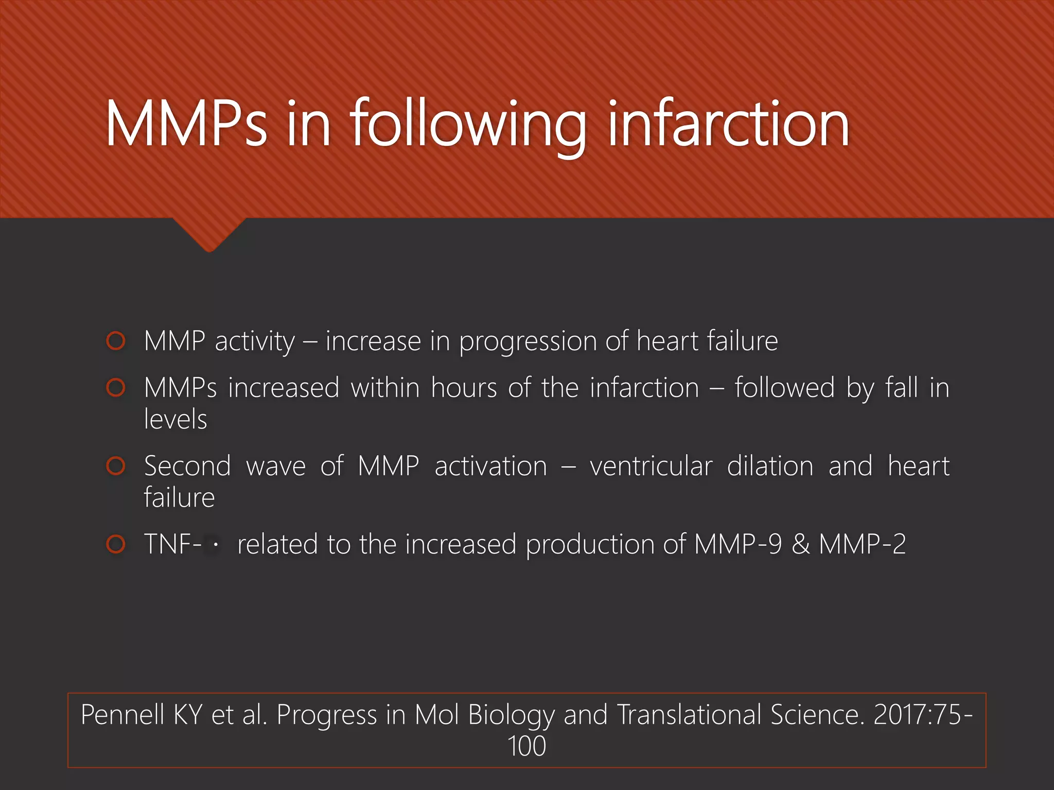 MMPs in following infarction
 MMP activity – increase in progression of heart failure
 MMPs increased within hours of the infarction – followed by fall in
levels
 Second wave of MMP activation – ventricular dilation and heart
failure
 TNF- related to the increased production of MMP-9 & MMP-2
Pennell KY et al. Progress in Mol Biology and Translational Science. 2017:75-
100
 