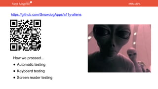 #MM18PL#MM18PL
https://github.com/SnowdogApps/a11y-aliens
How we proceed…
• Automatic testing
• Keyboard testing
• Screen reader testing
 