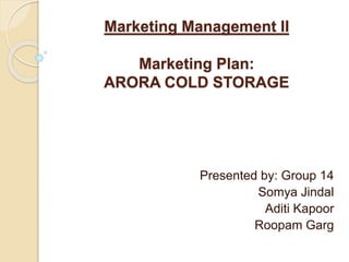 Presented by: Group 14
Somya Jindal
Aditi Kapoor
Roopam Garg
Marketing Management II
Marketing Plan:
ARORA COLD STORAGE
 