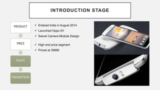 INTRODUCTION STAGE
PRODUCT
PRICE
PLACE
PROMOTION
 Entered India in August 2014
 Launched Oppo N1
 Swivel Camera Module Design
 High end price segment
 Priced at 39990
 