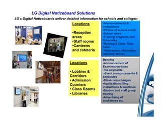 LG Digital Noticeboard Solutions
LG’s Digital Noticeboards deliver detailed information for schools and colleges:
                                     Locations           •Announcements &
                                                         Instructions
                                                         •Photos of school events
                                     •Reception          •School news
                                     areas               •Training programs and
                                     •Staff rooms        Schedules
                                                         •Meeting & Class Time
                                     •Canteens           Table
                                     and cafeteria        •Emergency Information
                                                         •Canteen Menus

                                                         Benefits
                                   Locations             •Announcement of
                                                         Examination dates
                                                          Fee payments
                                   • Lobbies &            •Event announcements &
                                   Corridors             Schedules
                                   • Admission           •Classroom changes
                                   Counters              •Applications filing
                                                         instructions & deadlines
                                   • Class Rooms         •Student and staff group
                                   • Libraries           training
                                                         •Advertising of
                                                         bookstores etc.
 
