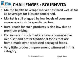 CHALLENGES : BOURNVITA
• Malted health beverage market has fared well as far
as beverages for kids are concerned.
• Market is still plagued by low levels of consumer
awareness in some specific sectors.
• Rural reach for such products is also low due to
premium pricing.
• Consumers in such markets have a conservative
mind-set and prefer traditional foods that are
home-made over processed packaged foods.
• Very little product improvement witnessed in this
category.
Era Business School

Ajay K Raina

 